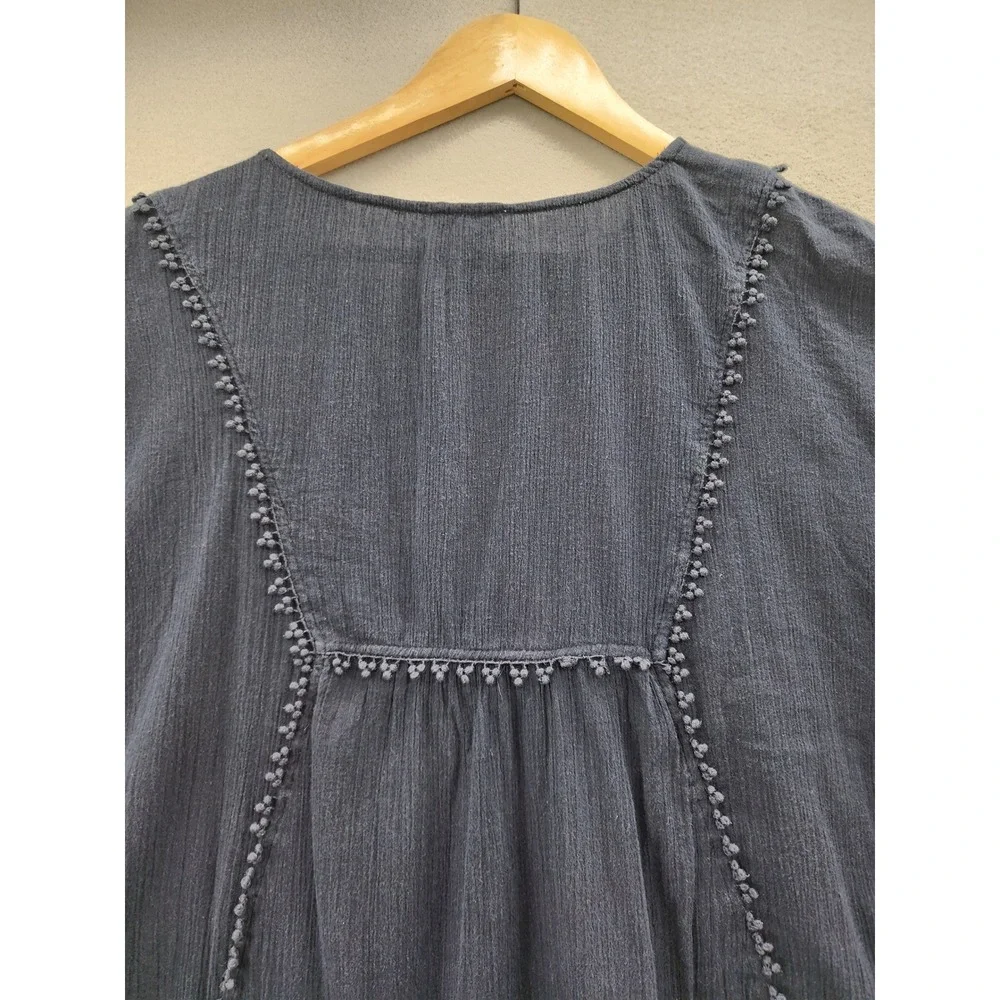 J.Crew Womens Navy Blue Gauze Cotton Pom Pom Boho Peasant Top‎ Blouse Medium